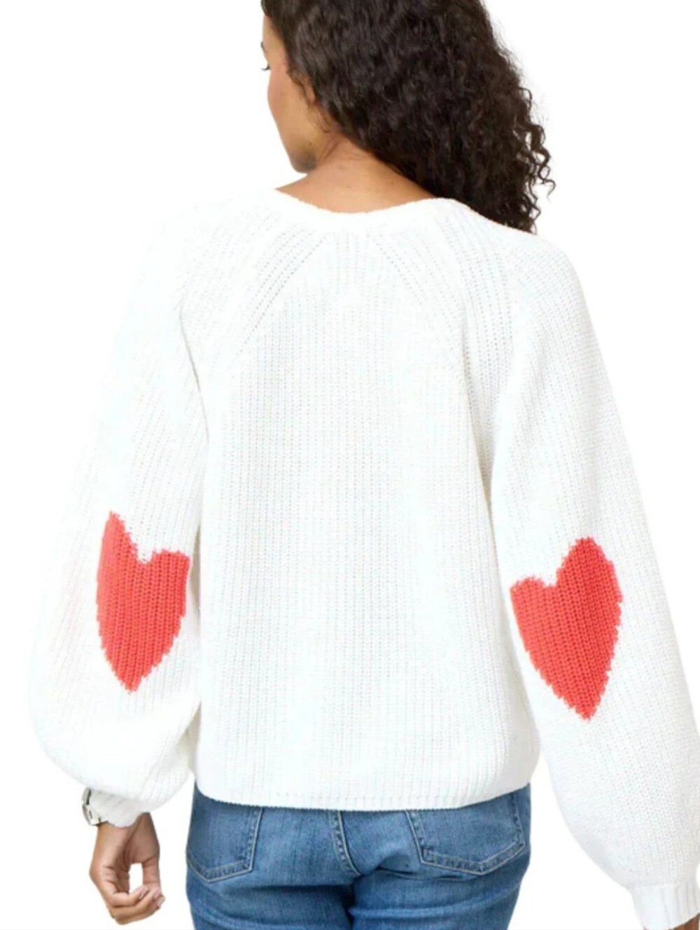 Kerri Rosenthal White Crewneck Sweater with Red Heart Elbow Patches